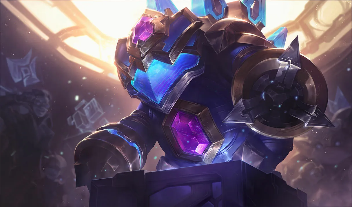 Hextech Rammus equipped with metal and crystals.