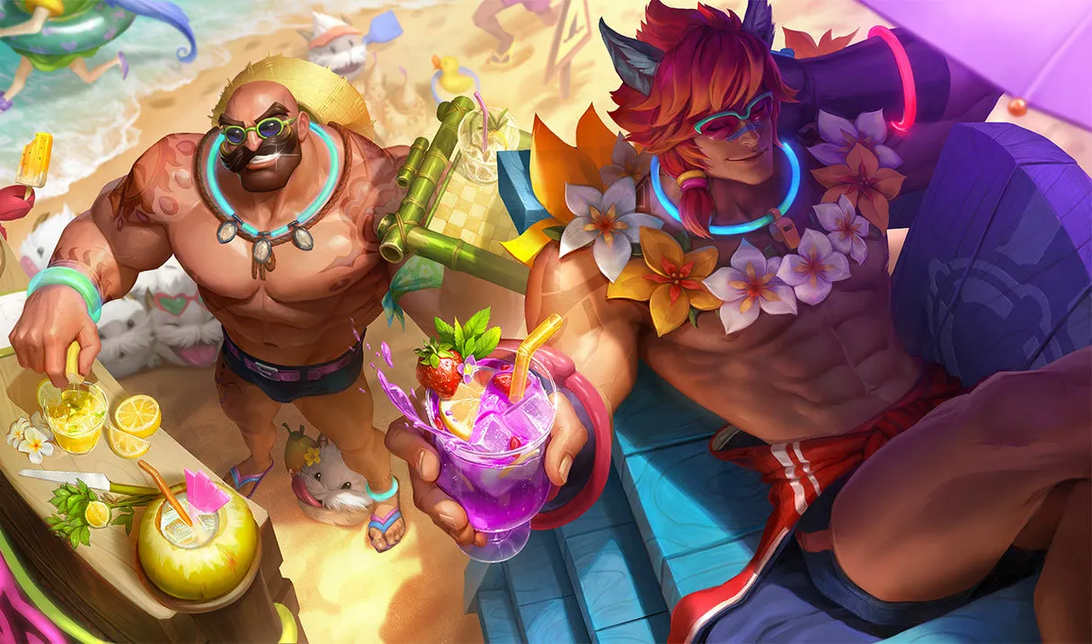 Pool Party Sett and Braum chilling on the beach.
