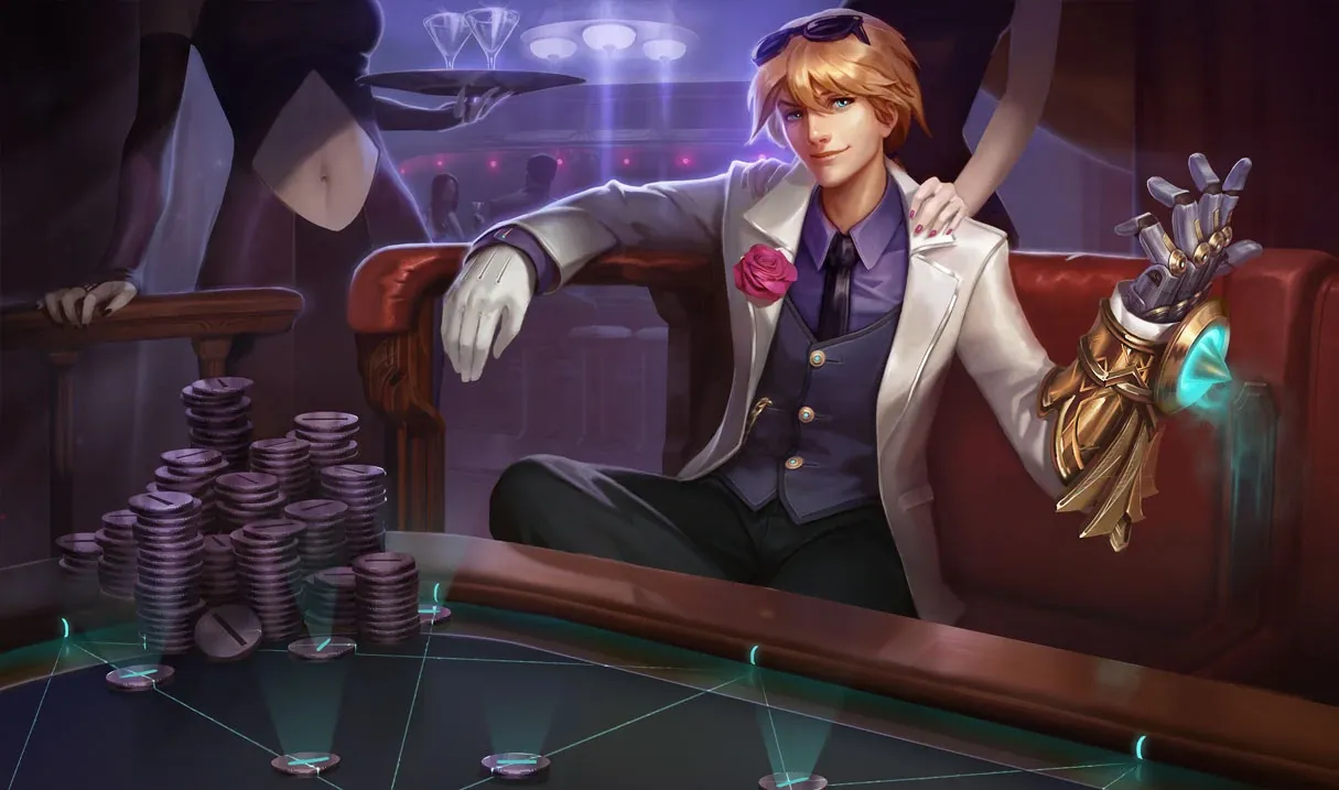 Ezreal in a fancy suit gambling at the casino.