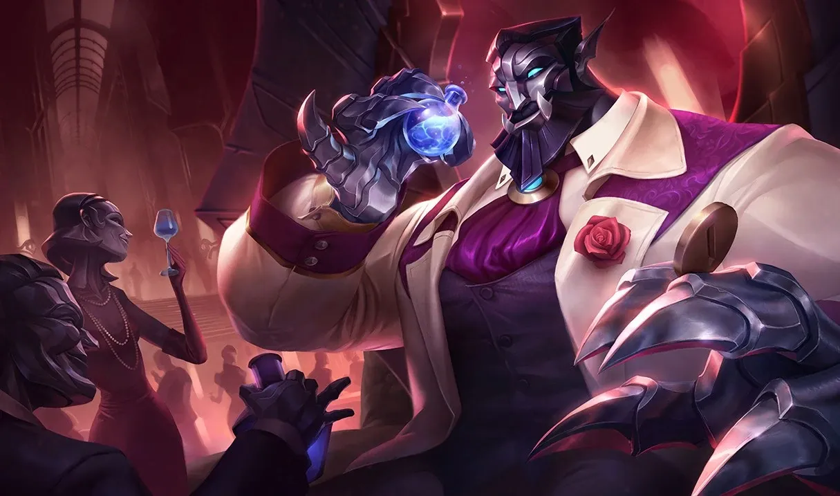 Debonair Galio sipping wine with the other guests in a fancy suit.