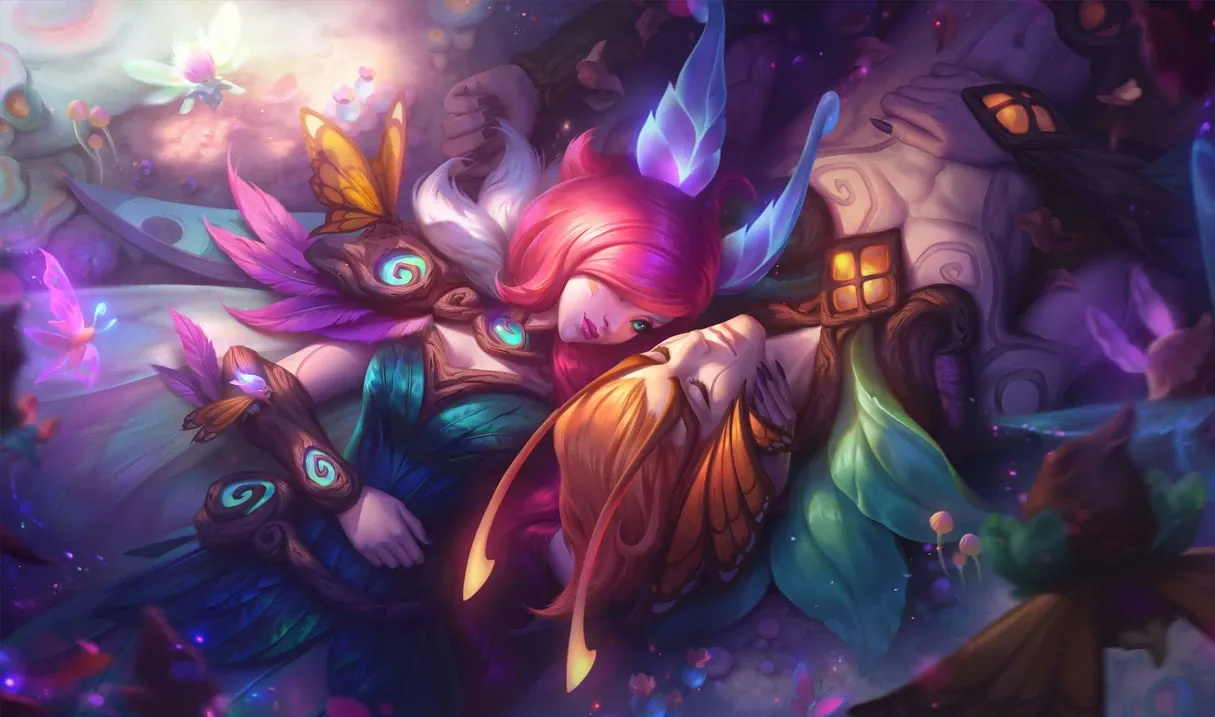 Rakan and Xayah laying down beside each other.
