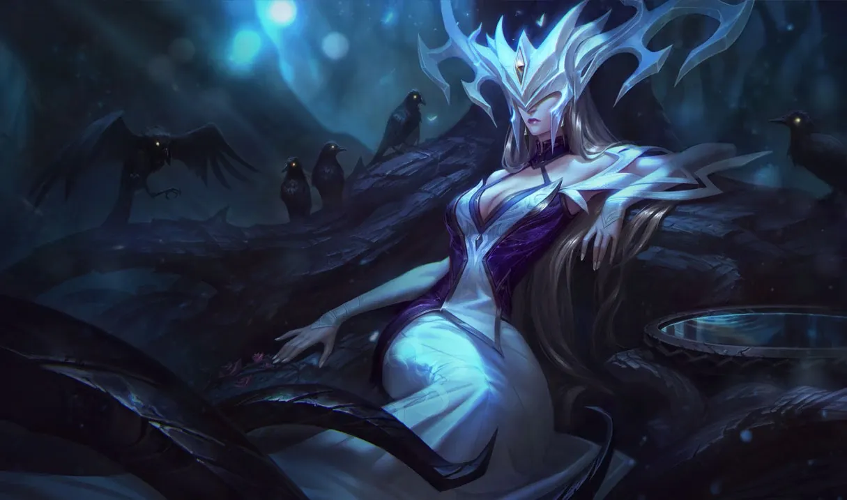 Lissandra sitting elegantly in a throne of twisted tree roots.