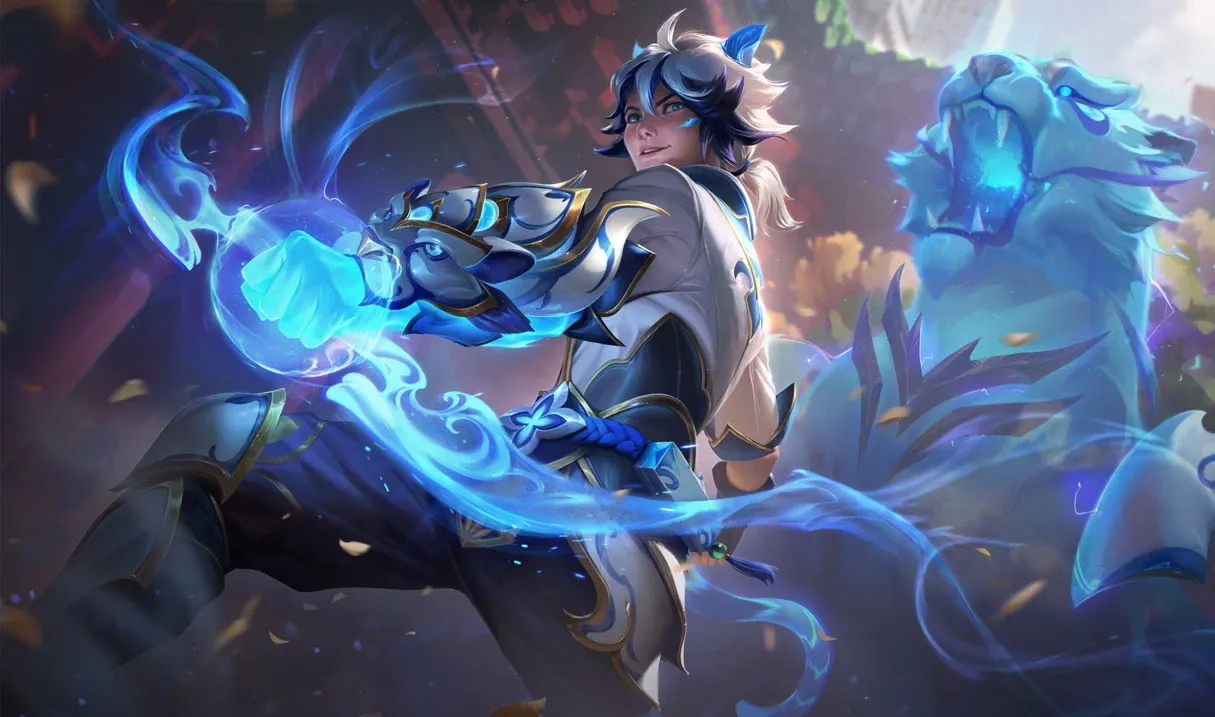 Ezreal wearing the traditional porcelain white and blue costume.
