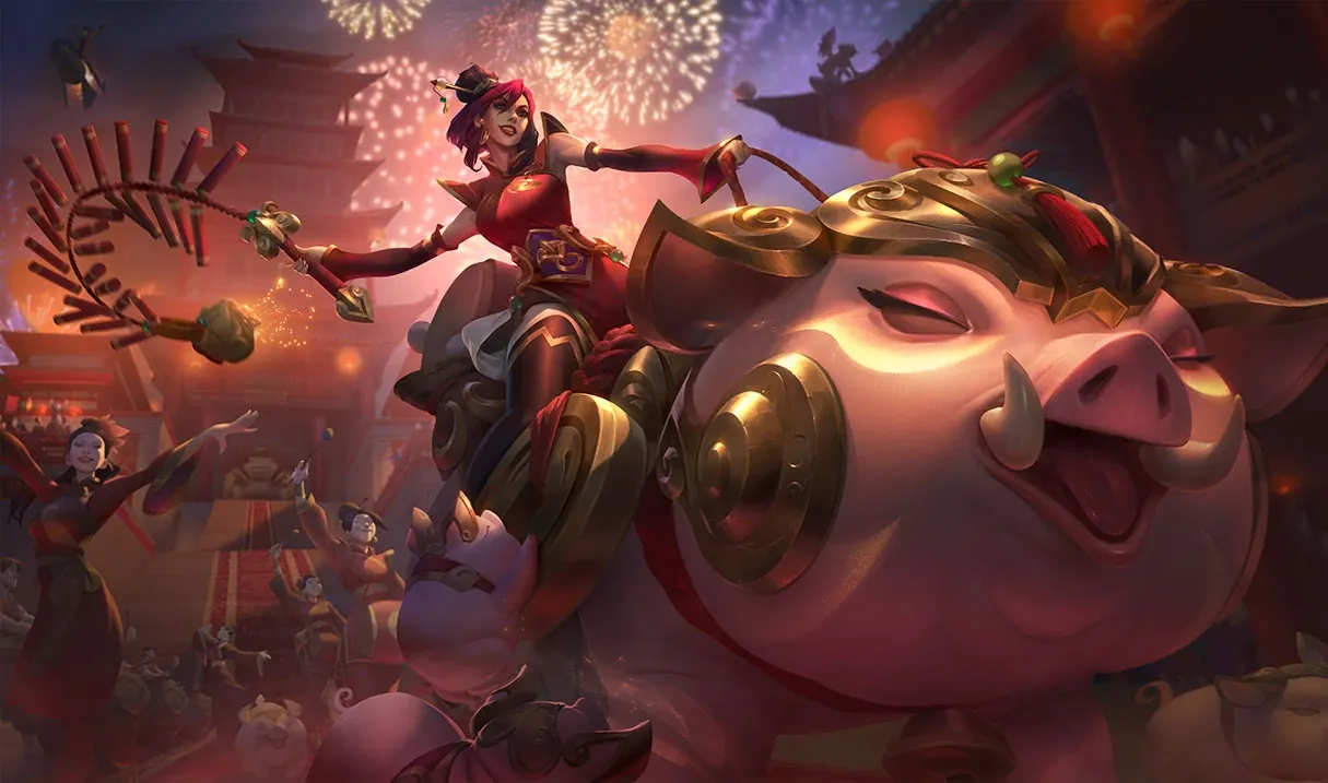 Sejuani wearing traditional Chinese clothing and riding a giant pig.