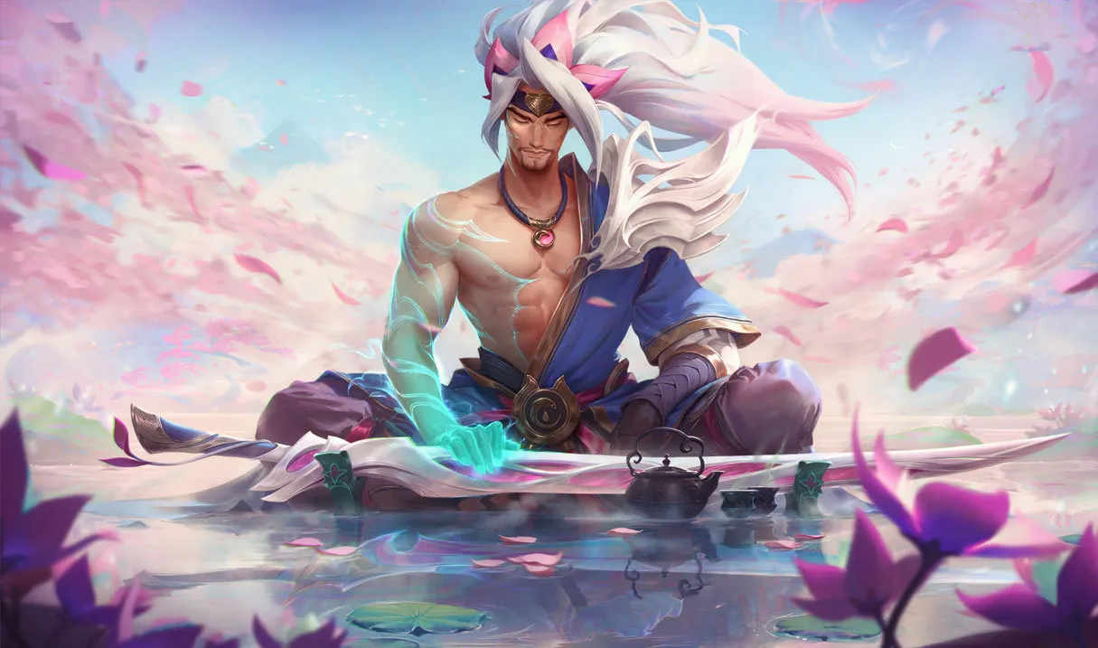 Yasuo meditating in the middle of a tranquil lake.