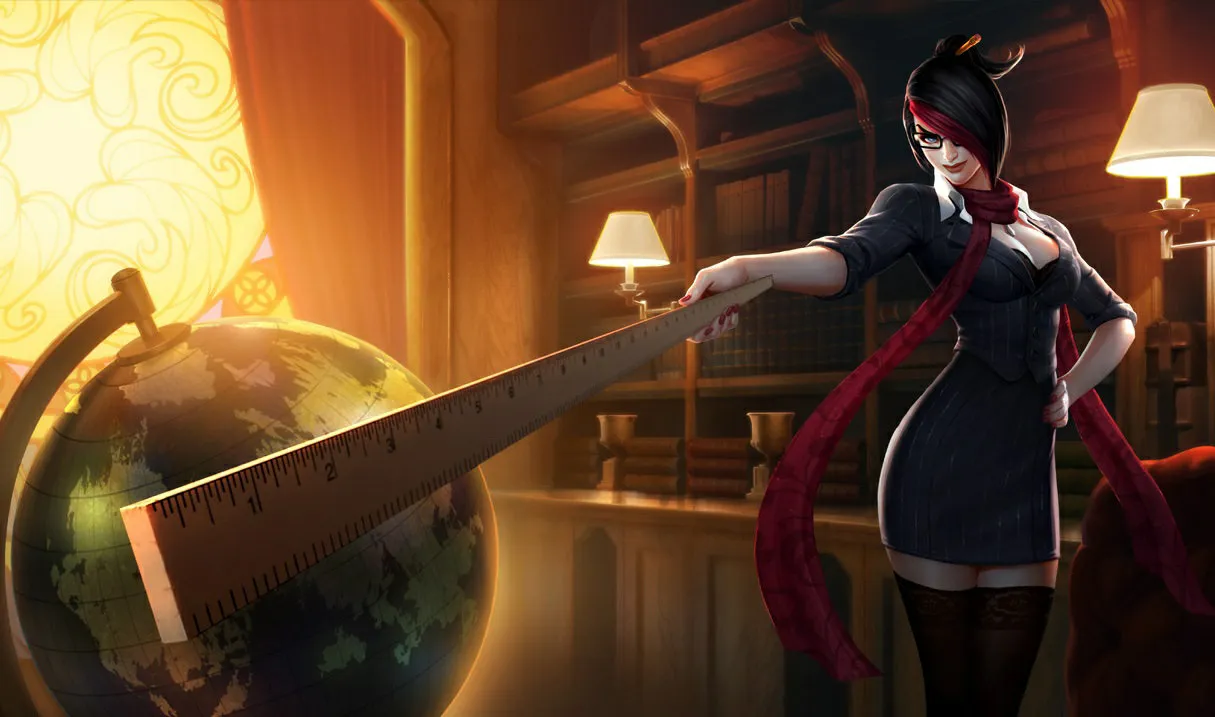 Fiora holding a wooden ruler and wearing a school admin uniform.