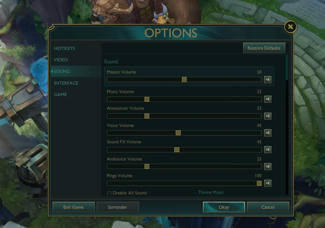 League of Legends Settings Page featuring Sound