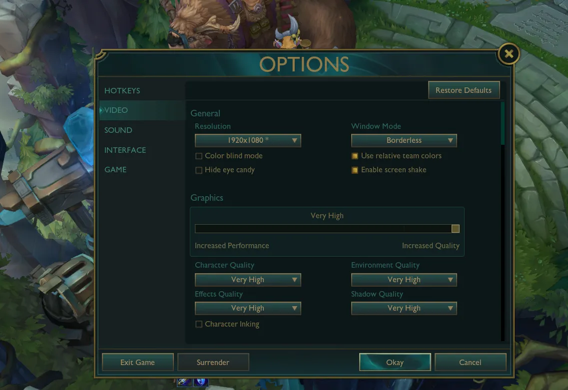 League of Legends Settings Page featuring Video