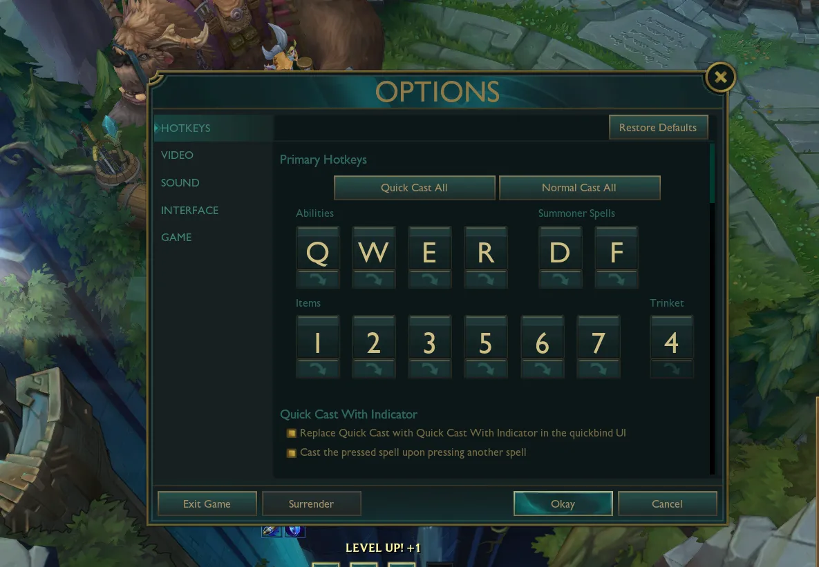 League of Legends Settings Page featuring Hotkeys