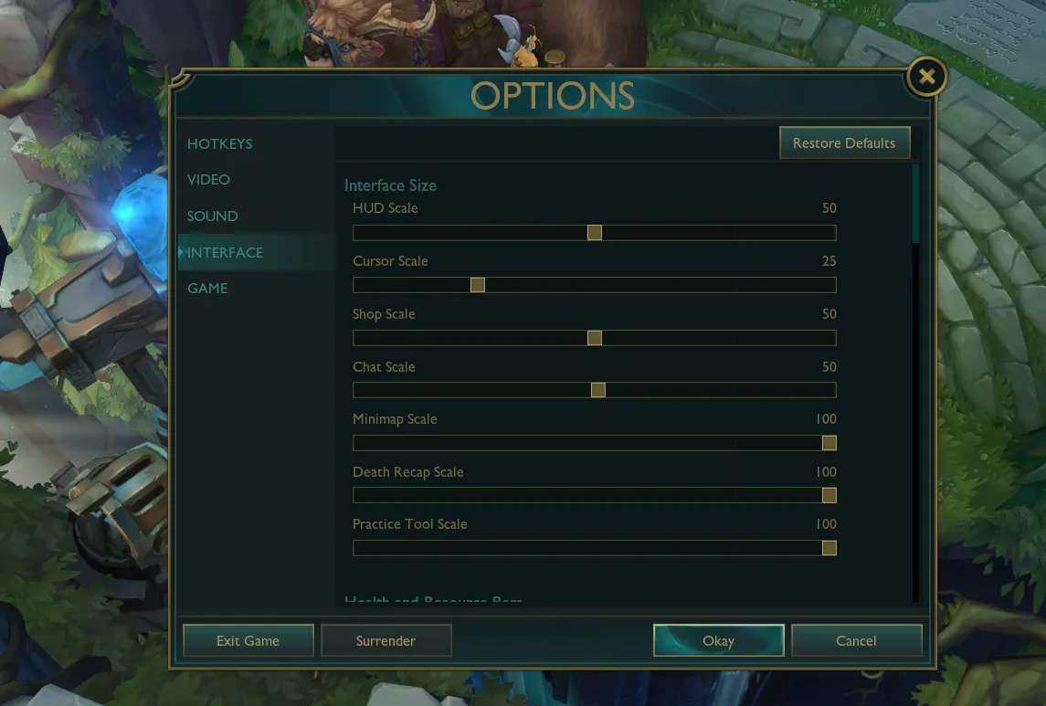 League of Legends Settings Page featuring Interface