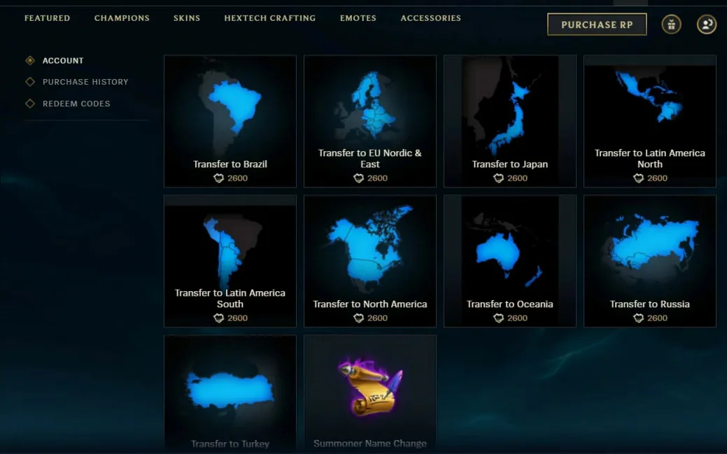 The LoL account tab featuring Riot Games servers.