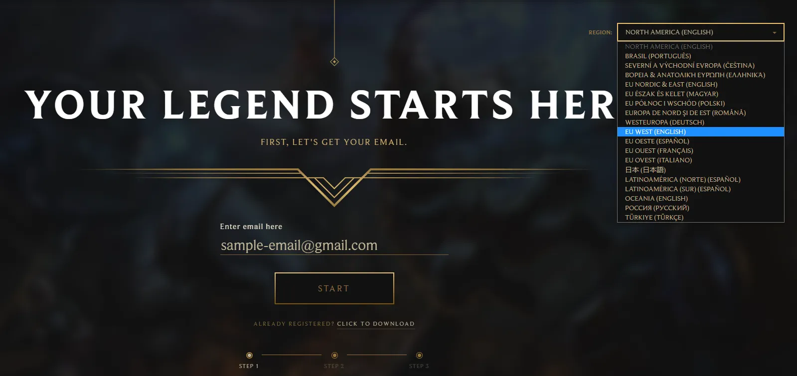 The Riot Games website asking for your email and server location.