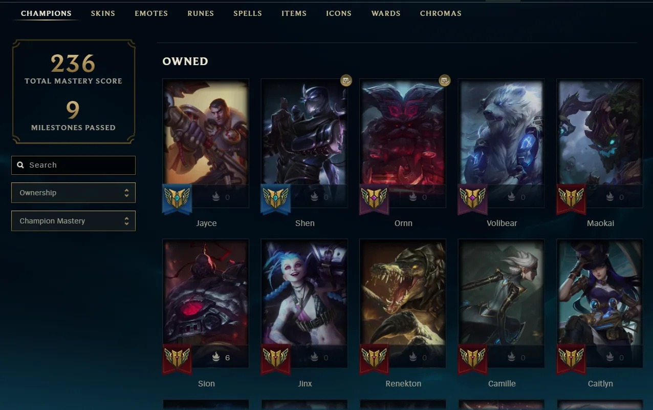 A collection of different champions sorted according to mastery.