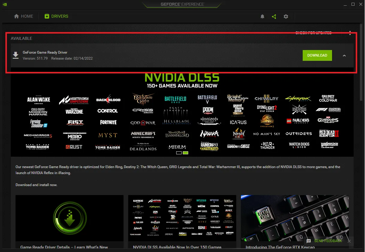 Nvidia GeForce Game Drivers update tab.