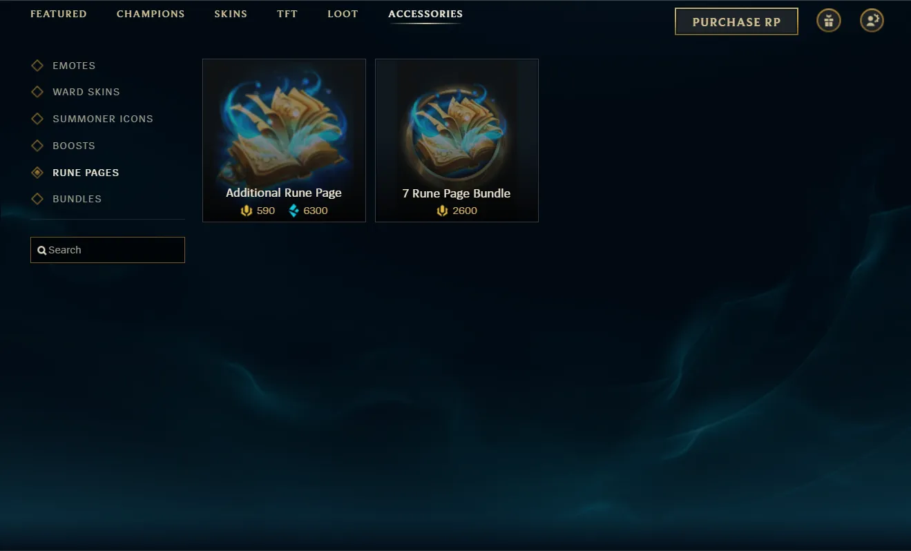 The Shop showing the option for Rune Pages.