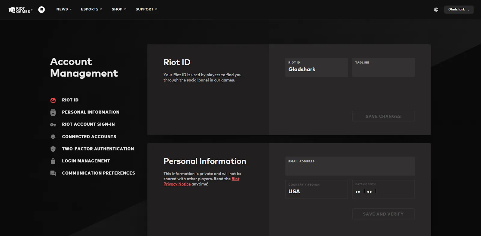 The account settings in the Riot Games Website.