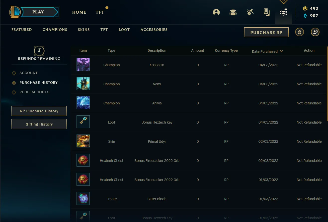 List of Champions Purchased Using Blue Essence.