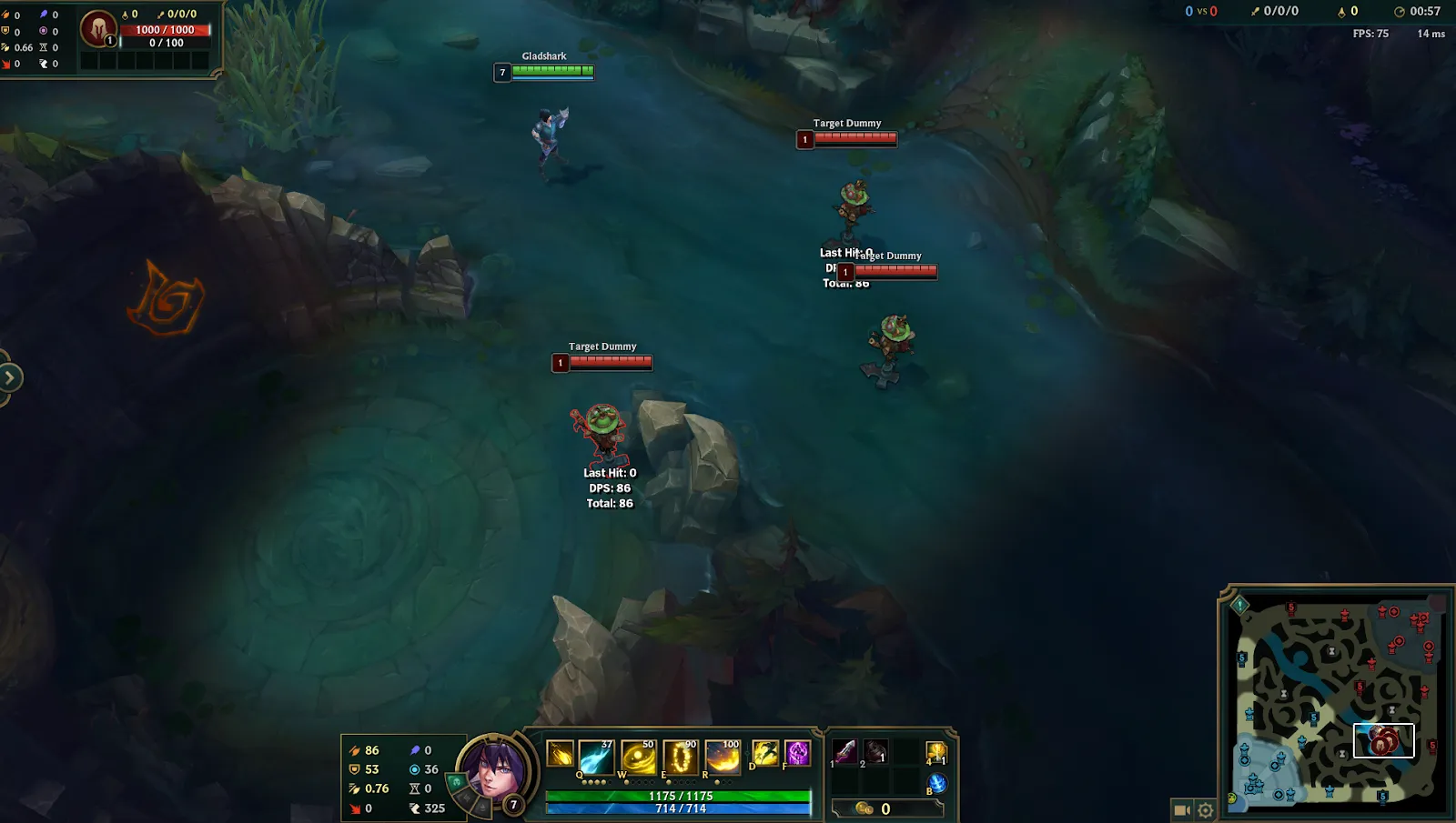 Ezreal in front of three target dummies.