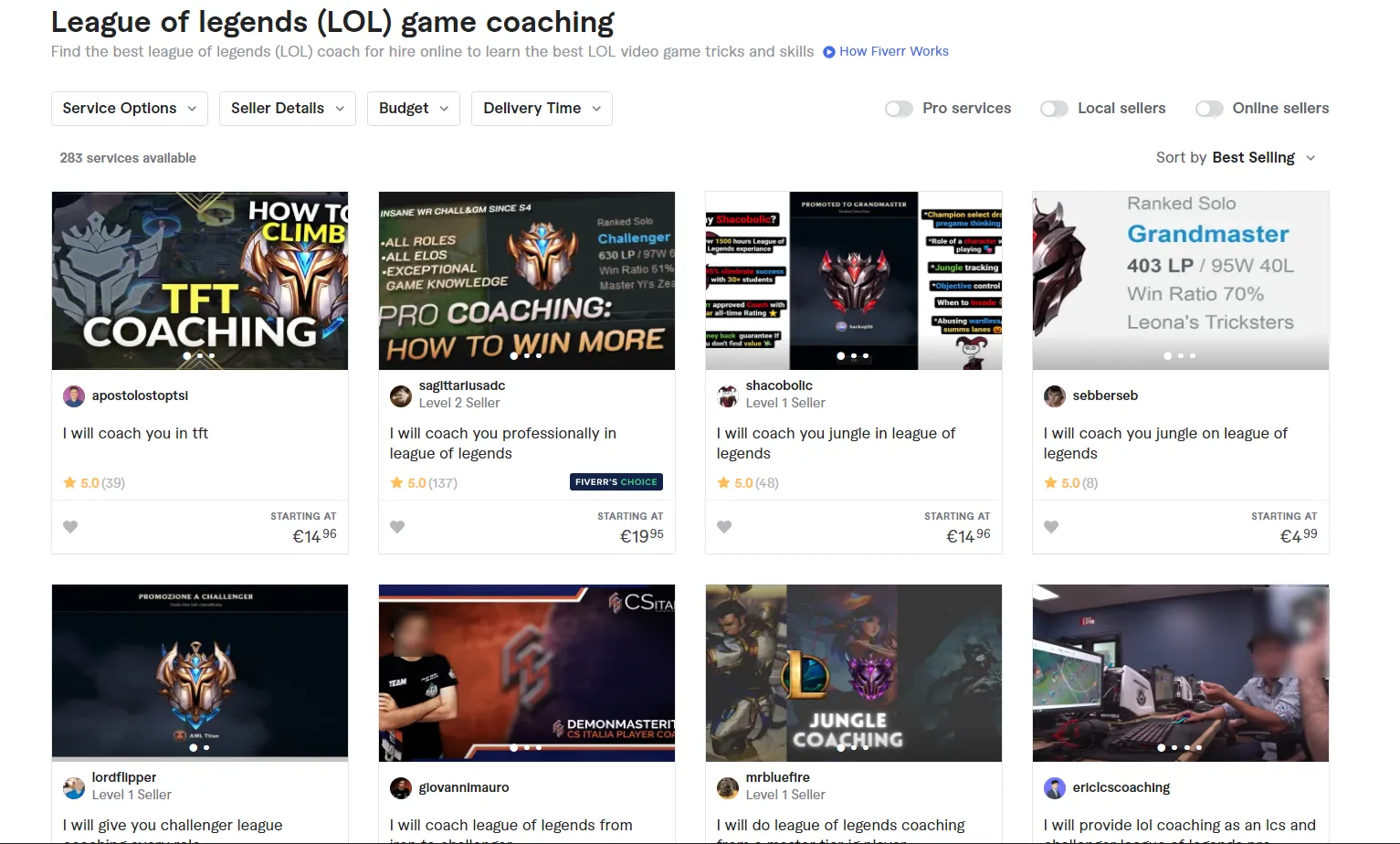 Some of the Fiverr gigs for League Of Legends coaching.