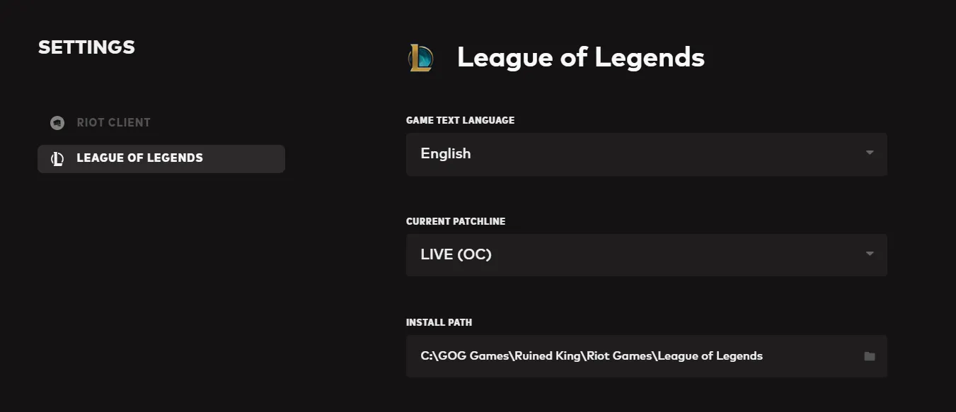 League of Legends account settings