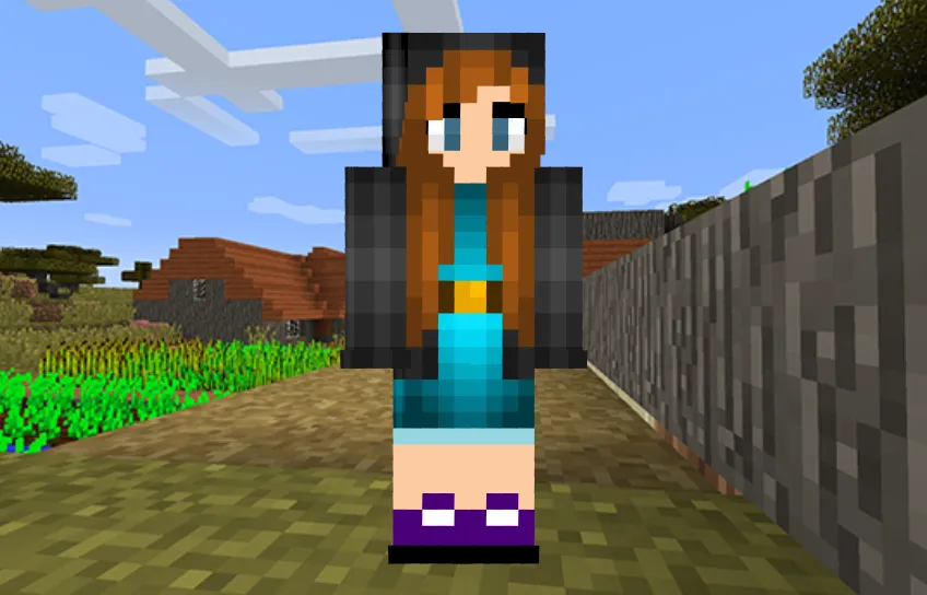 Cute Girl With Black Hoodie and Teal Dress Minecraft Skin