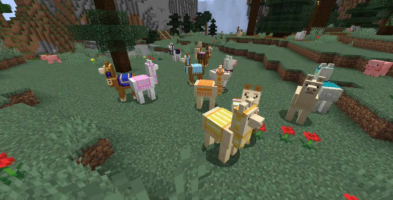 Herd of Minecraft Lllamas wearing colorful carpets