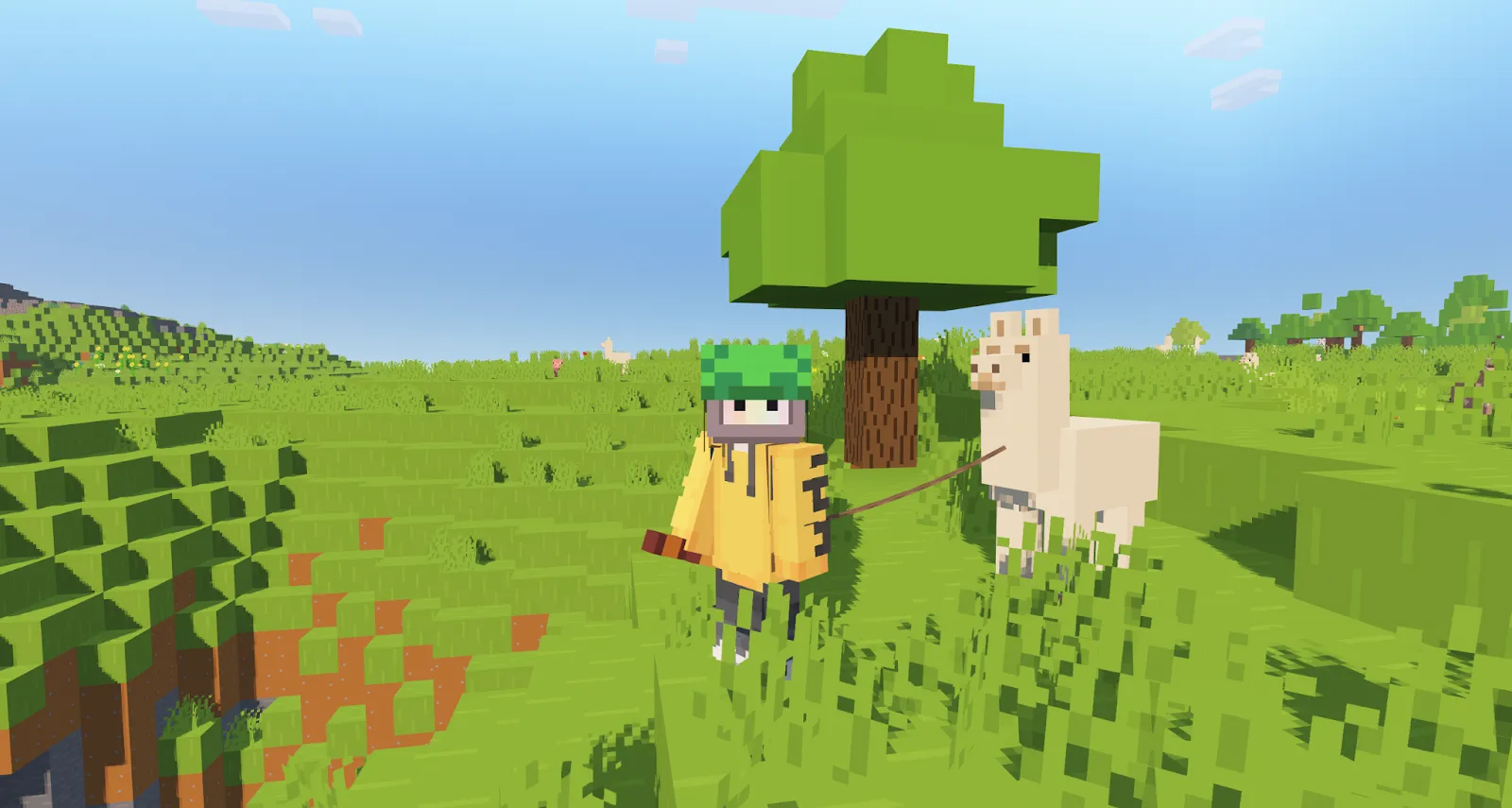 Character leading Minecraft Llama with a lead