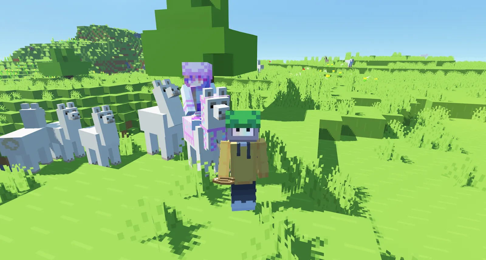 Player leading a Minecraft Llama train with a lead