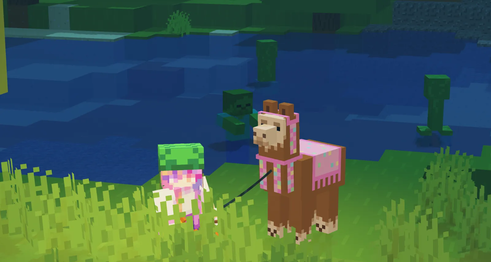Minecraft Player and Llama with Zombies and Creepers in the background