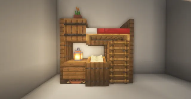 A bed built up on a ladder with a desk underneath, shelving a lantern and a book.