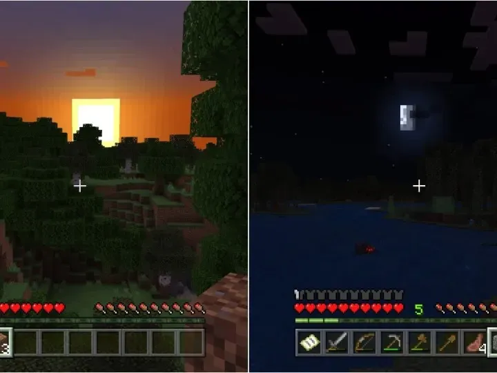 A split image of daytime and night time showing the sun and moon in a Minecraft world
