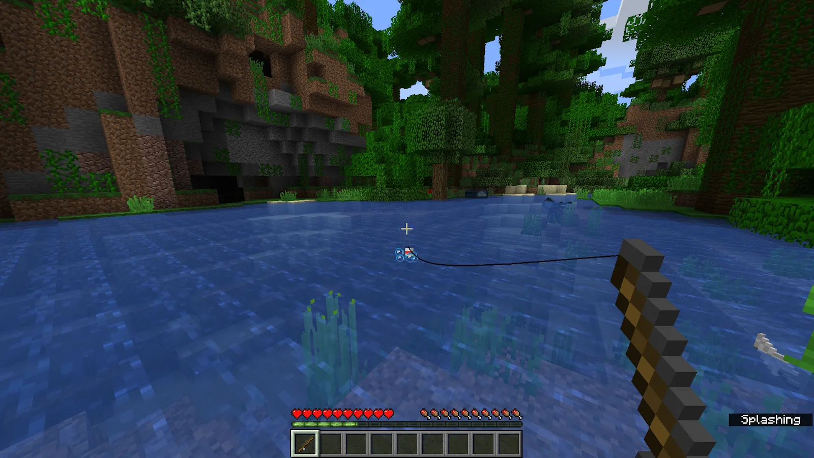 A player using a fishing rod to fish in a lake