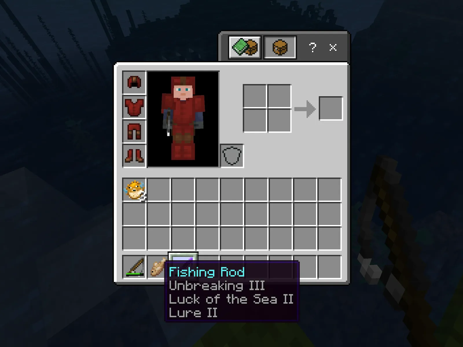 A fishing rod with 3 enchantments placed onto it.