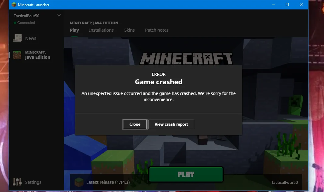 An image showing a error crash screen in Minecraft
