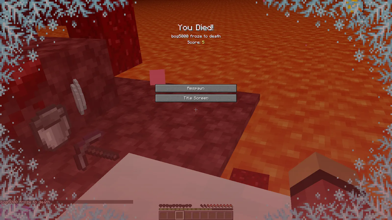 Image of the death screen in Minecraft with items dropped