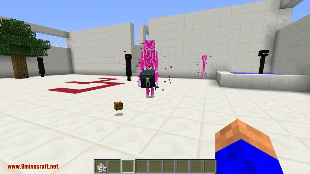 Picture showing a pink Enderman holding a chest with normal Endermen in the background