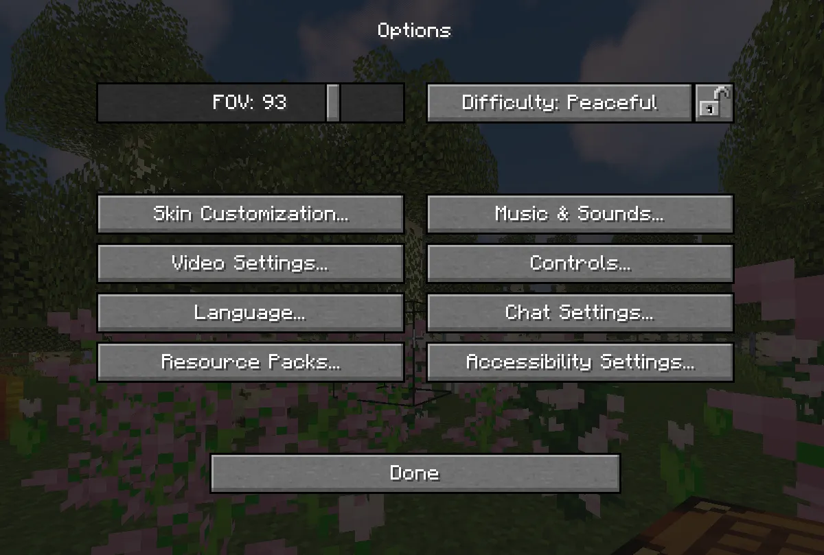 Minecraft FOV options slider menu