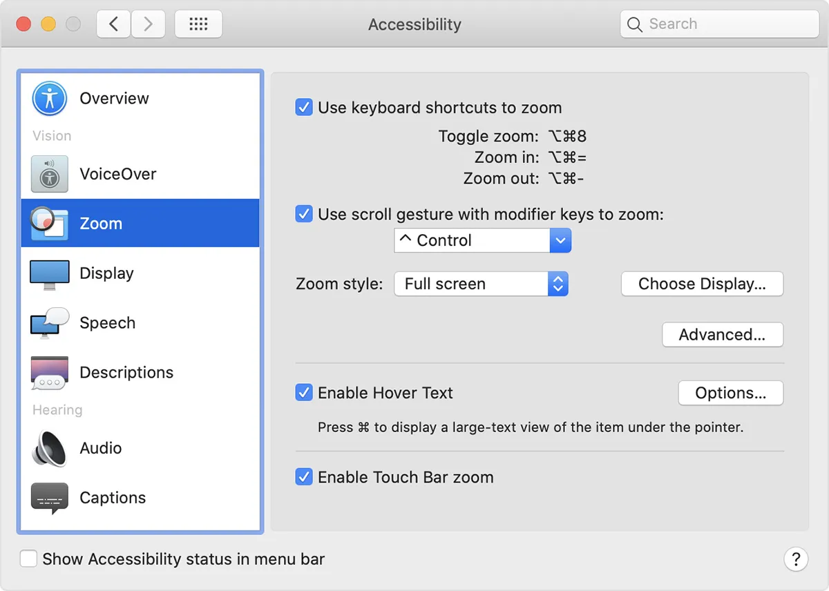 MacOS Accessibility Options Zoom Menu