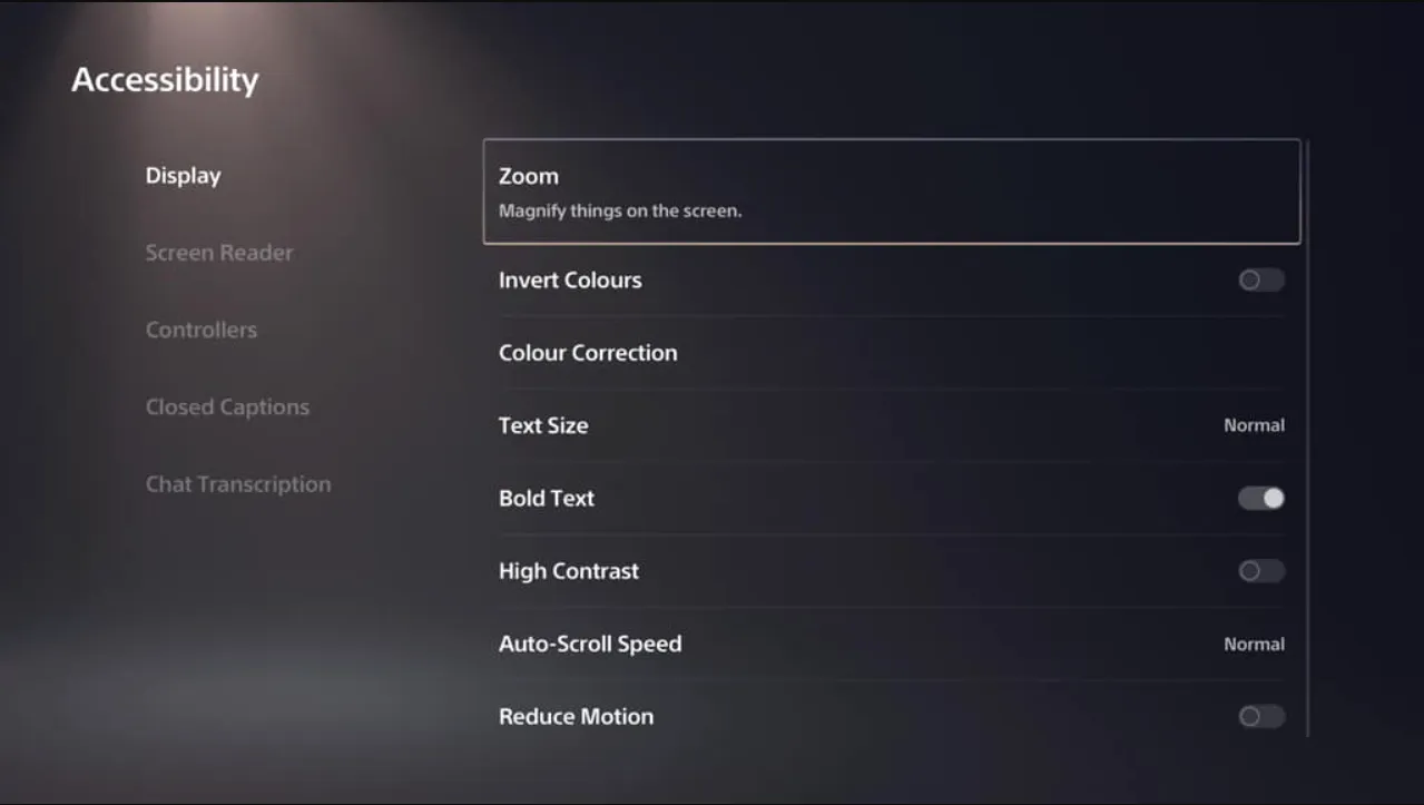 PS4 Zoom option Menu