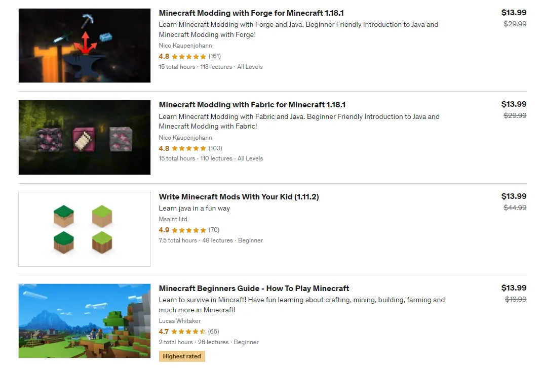 Minecraft courses offered on Upwork.