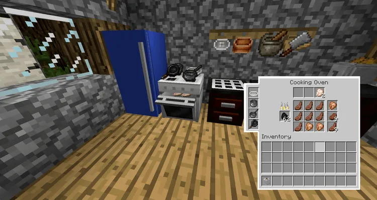 Image showing cooking in Minecraft using the Cooking for Blockheads mod.