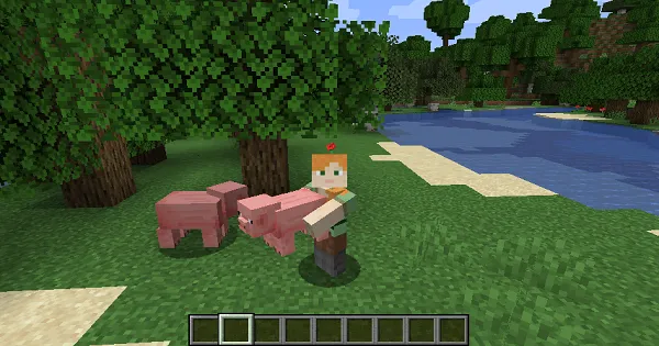 Image showing a Minecraft player carrying a pig.