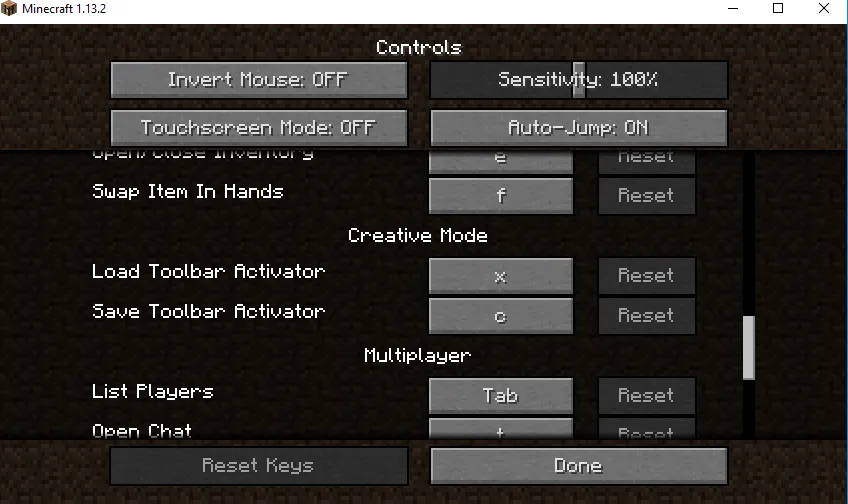 Image showing a controls screen in Minecraft