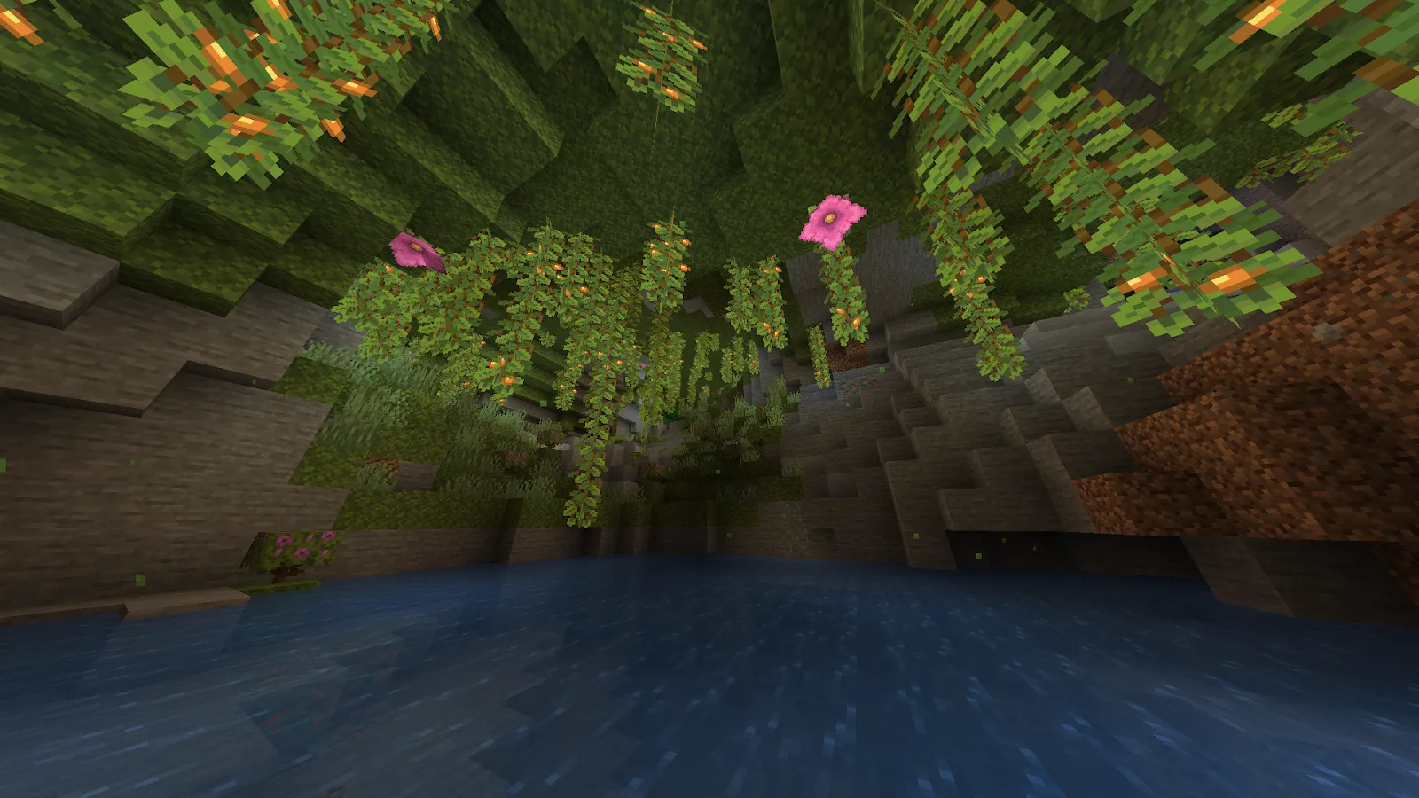 Image of water in a lush cave in Minecraft