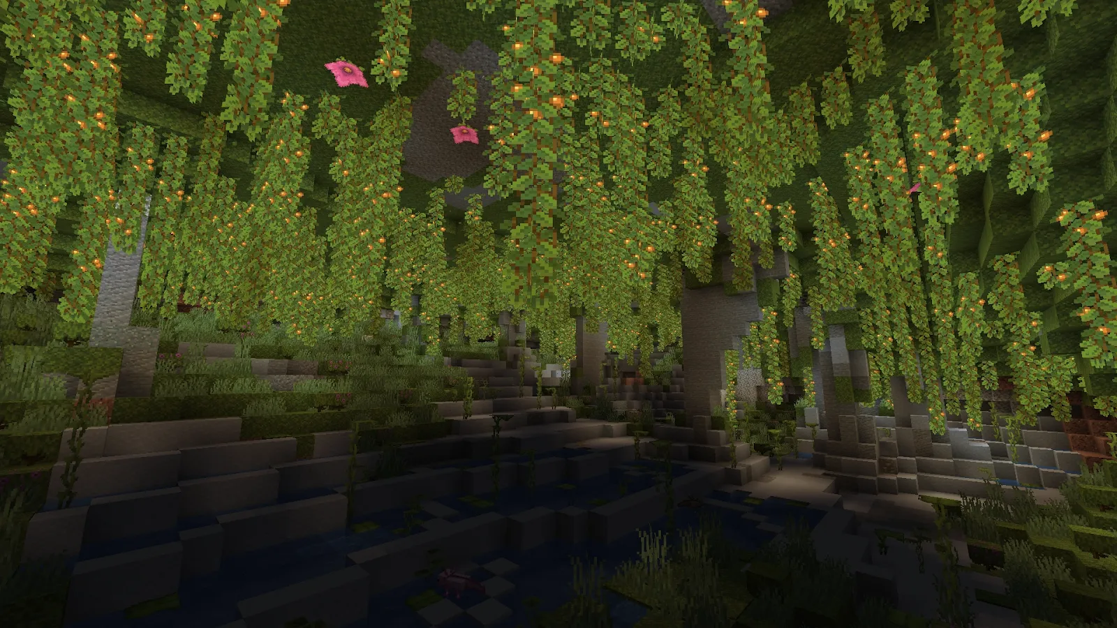 Image of hanging azalea in a lush cave in Minecraft