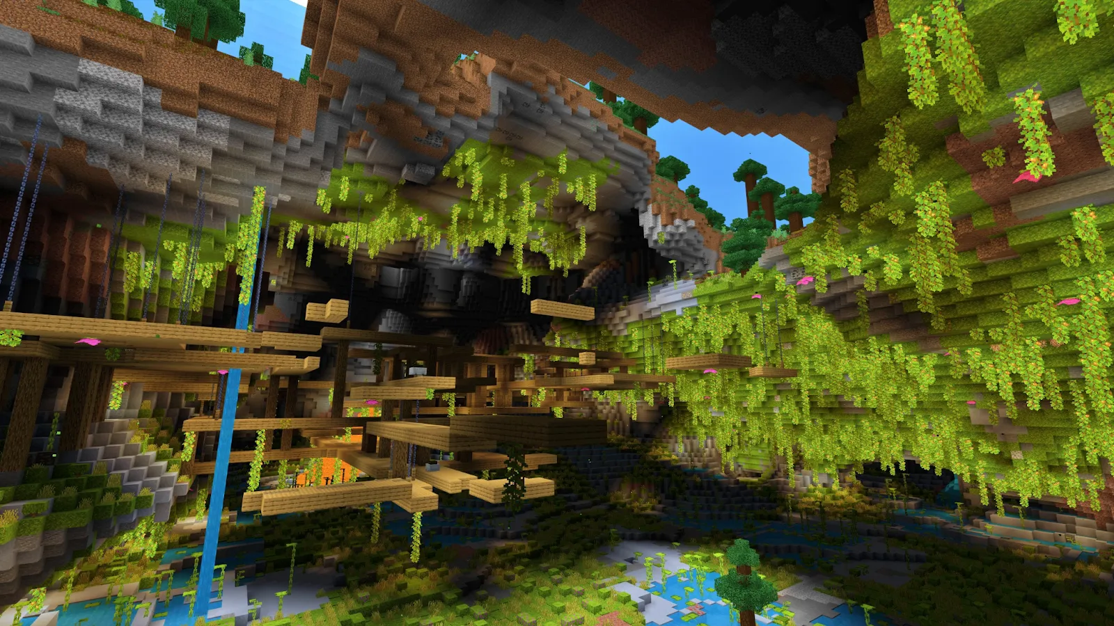 Image of structures inside a lush cave in Minecraft