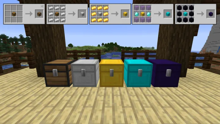 Image showing different tiers of chests in the Expanded Storage mod