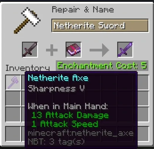 Am image of a netherite sword being repaired in an anvil in Minecraft