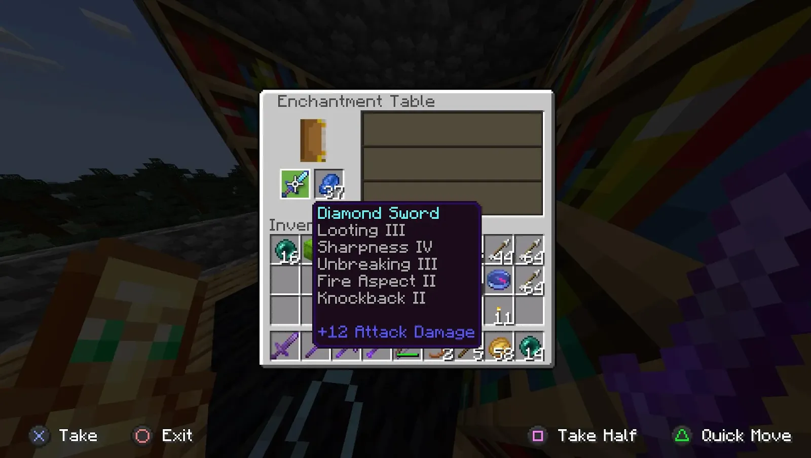 An image of a sword in Minecraft with various different enchantments.