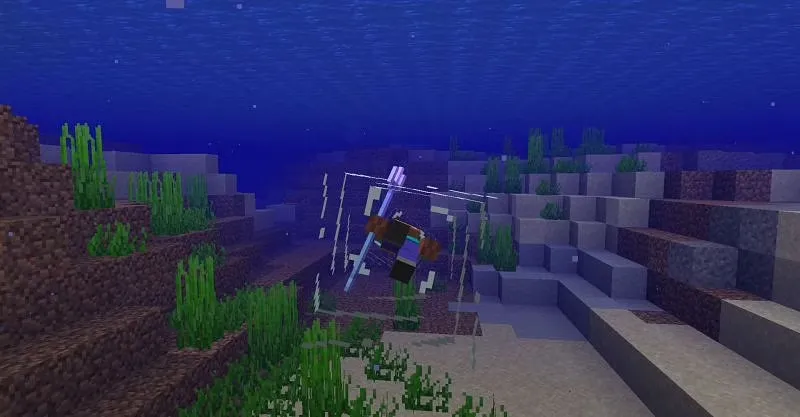 Image showing a player underwater using a trident in Minecraft